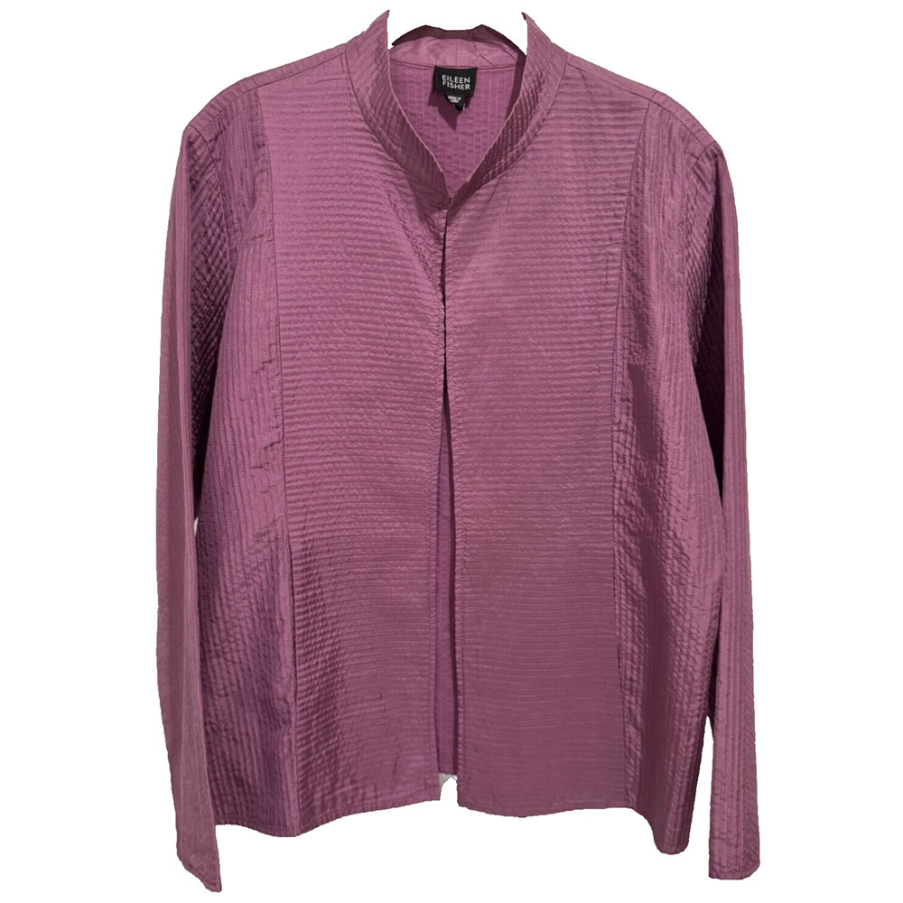 Eileen Fisher Jacket Silk Channel Crinkle Open Front Long Sleeve Purple